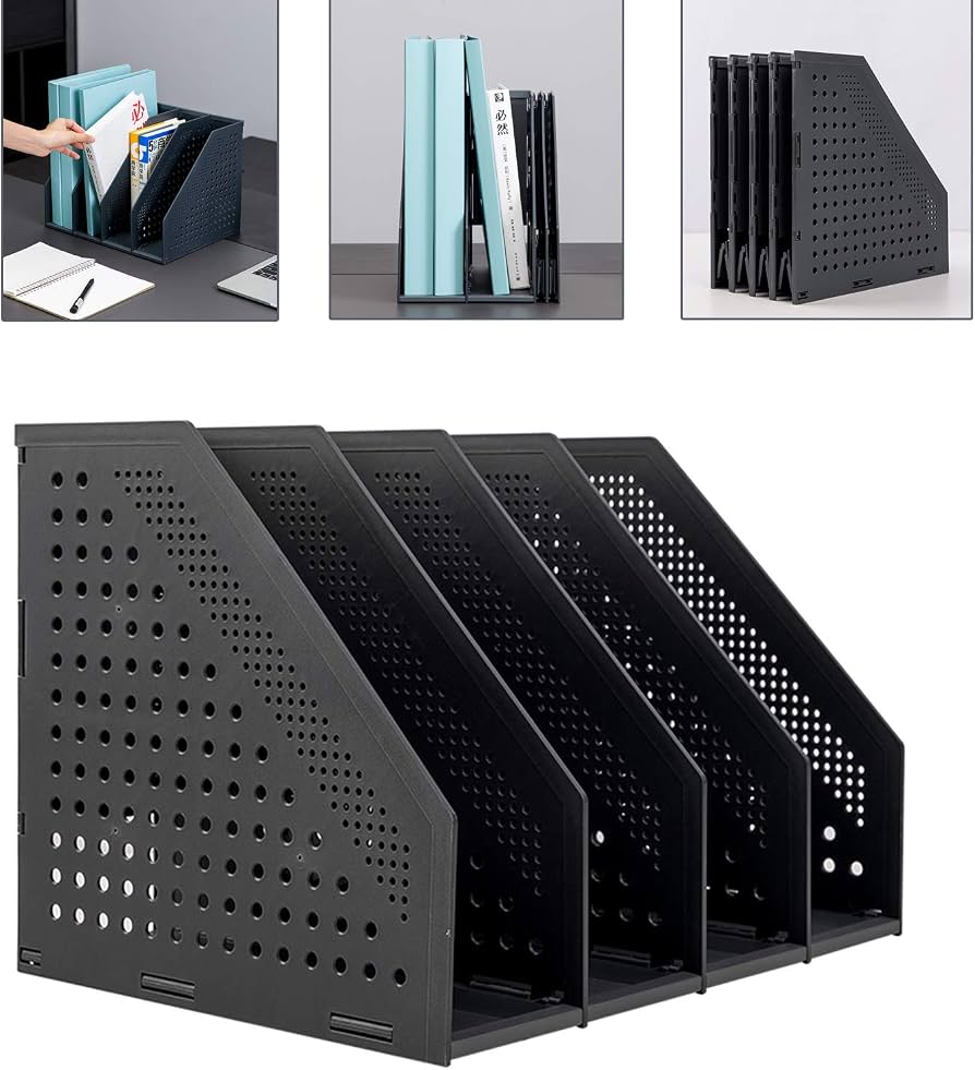 /Deli Collapsible Magazine File Holder/Desk Organizer for Office Organization and Storage with 3 Vertical Compartments, Dark Grey,
